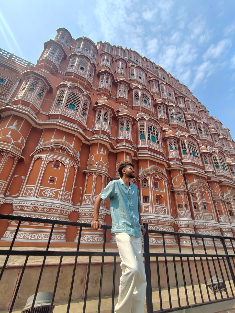 Jaideep exploring Jaipur in a blue shirt and white trousers